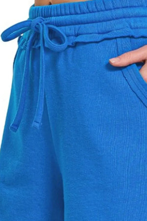 Ocean Blue Fleece Beach Shorts with Raw Hem women outfit ideas
