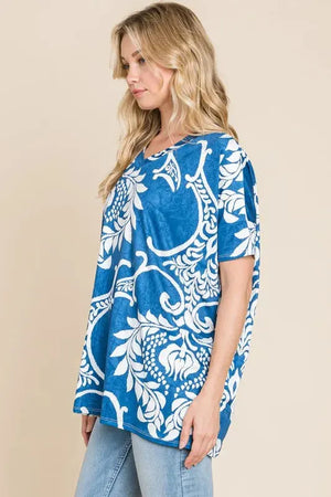Ocean Breeze Blue Printed Relaxed V-Neck Beach Tunic women outfit ideas