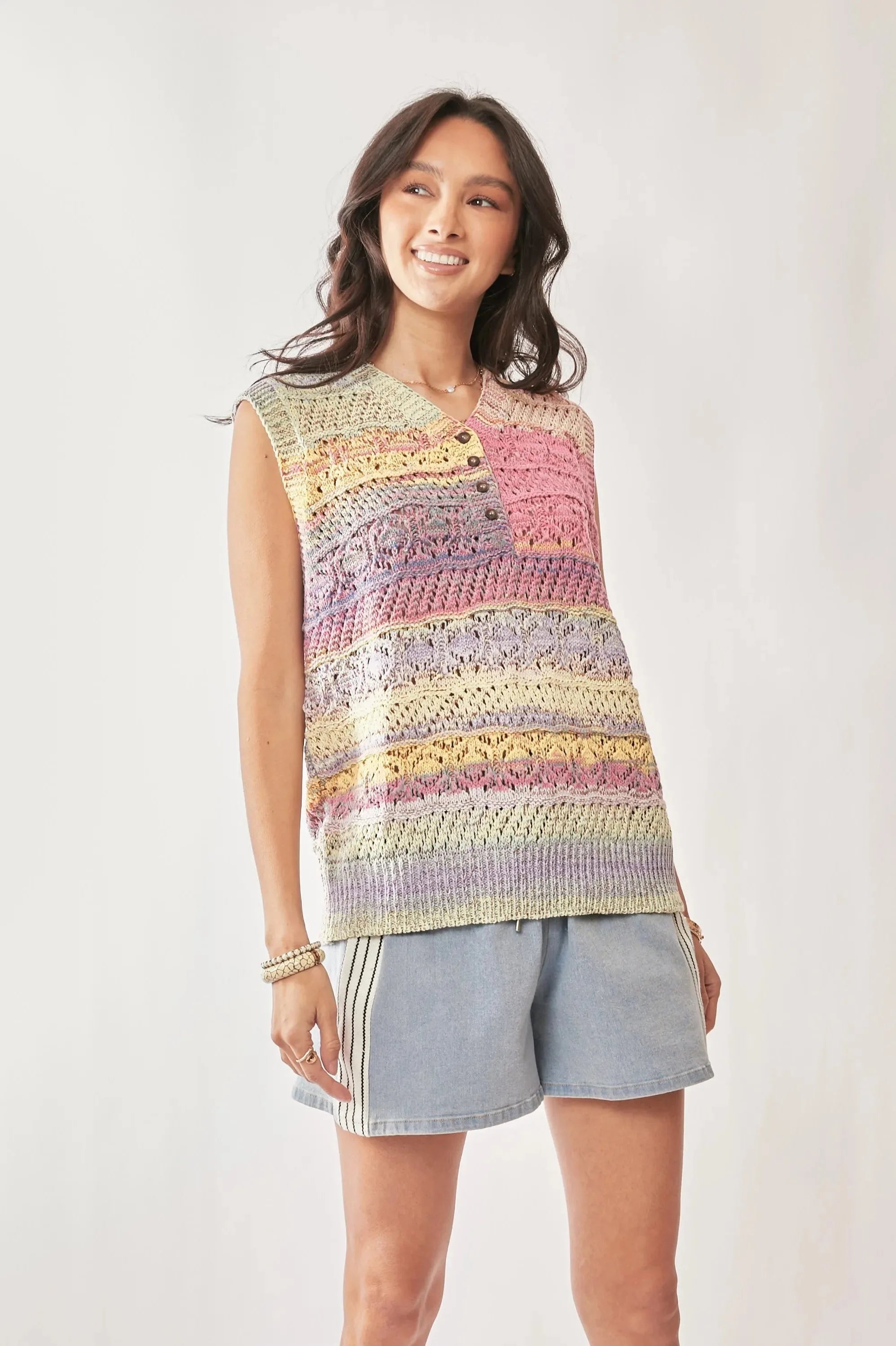 Pastel Stripe Crochet Sleeveless Beach Vest Top women outfit ideas