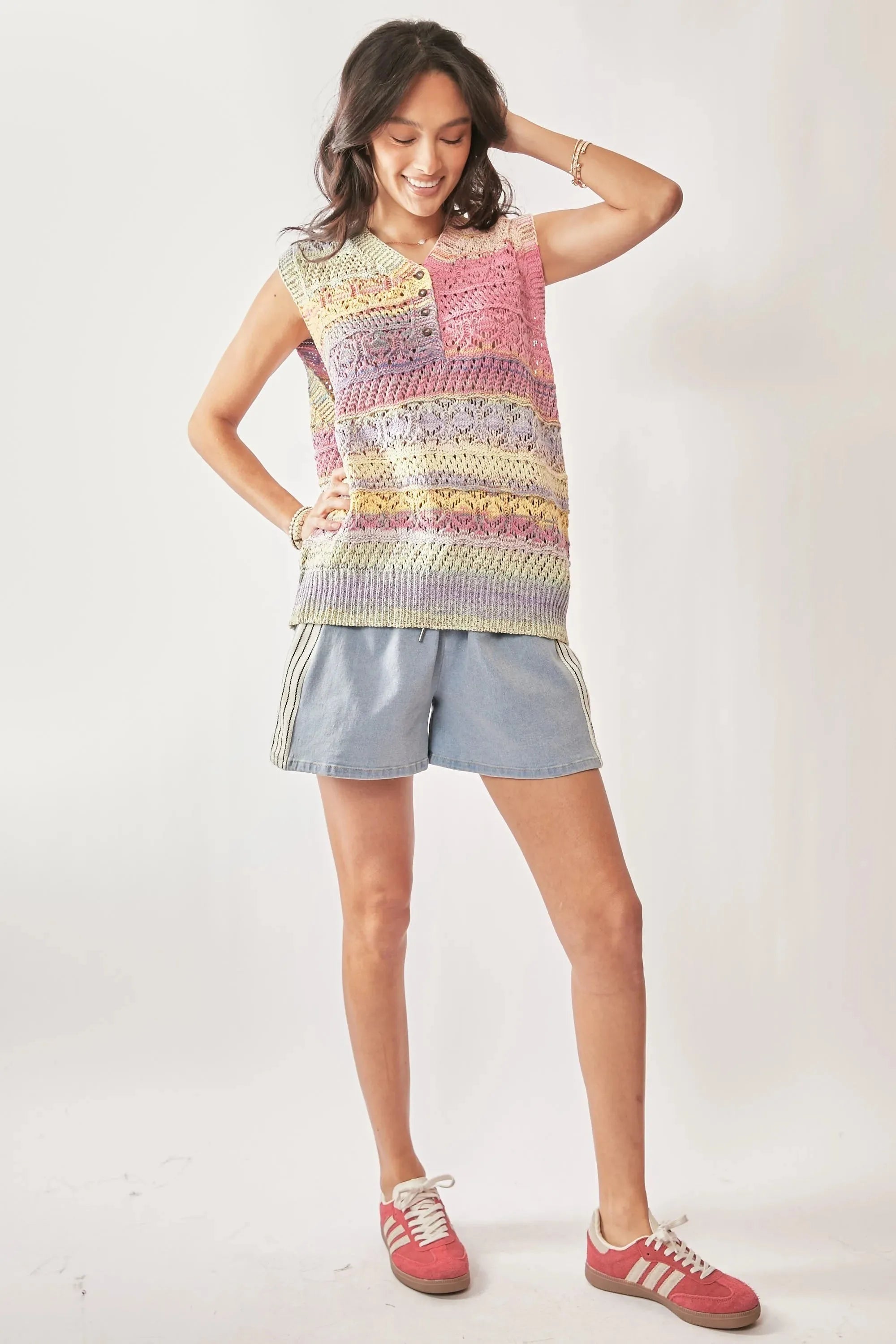 Pastel Stripe Crochet Sleeveless Beach Vest Top women outfit ideas