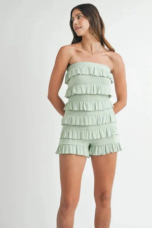 Pointelle Knit Ruffled Beach Romper in Light Sage women outfit ideas