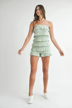 Pointelle Knit Ruffled Beach Romper in Light Sage women outfit ideas