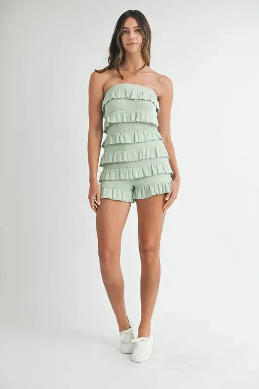 Pointelle Knit Ruffled Beach Romper in Light Sage women outfit ideas