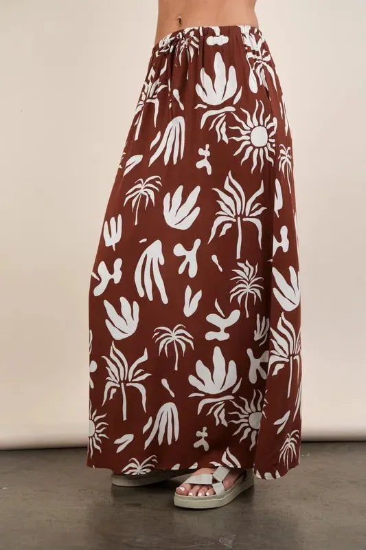 Printed Drawstring Midi Beach Skirt in Chocolate women outfit ideas