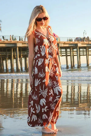 Printed Drawstring Midi Beach Skirt in Chocolate women outfit ideas