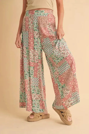 Printed Wide Leg Rayon Beach Pants in Mint & Pink women outfit ideas