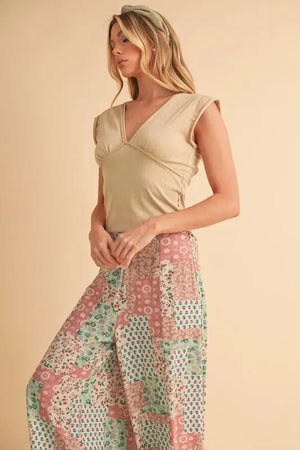 Printed Wide Leg Rayon Beach Pants in Mint & Pink women outfit ideas