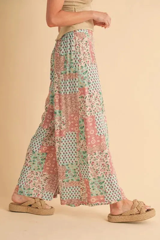 Printed Wide Leg Rayon Beach Pants in Mint & Pink women outfit ideas