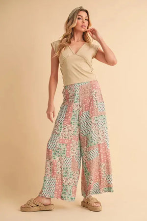 Printed Wide Leg Rayon Beach Pants in Mint & Pink women outfit ideas