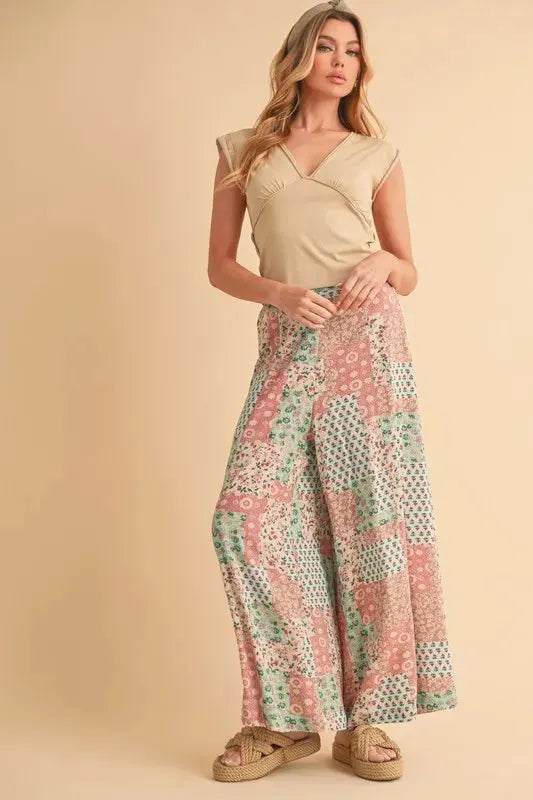 Printed Wide Leg Rayon Beach Pants in Mint & Pink women outfit ideas
