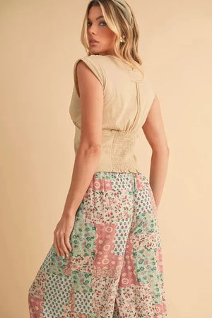 Printed Wide Leg Rayon Beach Pants in Mint & Pink women outfit ideas
