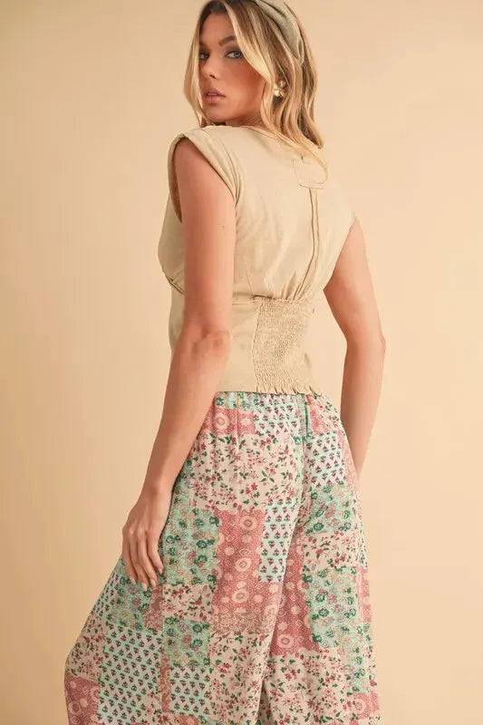 Printed Wide Leg Rayon Beach Pants in Mint & Pink women outfit ideas