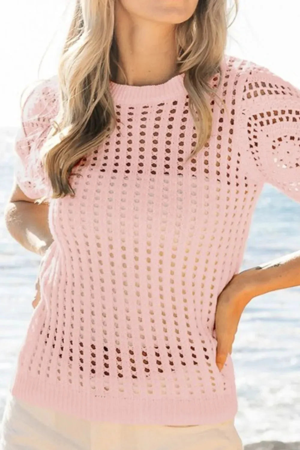 Puff Sleeve Crochet Beach Cover Up in Blush women outfit ideas