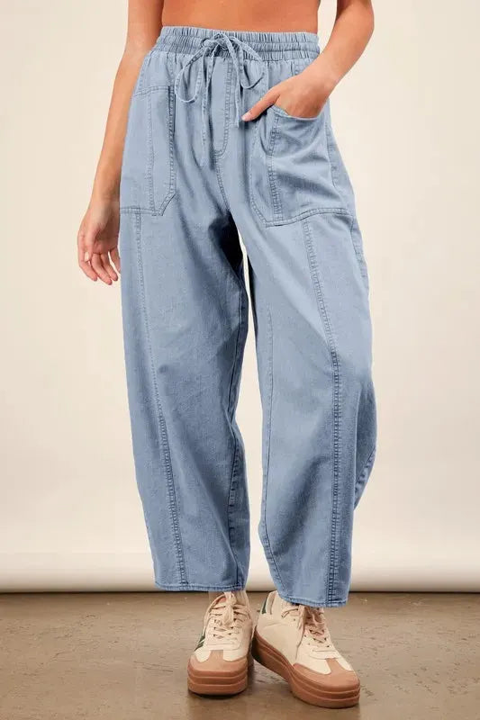 Relaxed Barrel Chambray Beach Pants - Light Denim women outfit ideas