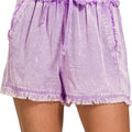 Relaxed Frayed Hem Beach Shorts in Washed Lavender women outfit ideas
