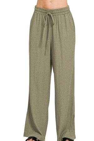 Relaxed Linen-Blend Drawstring Beach Pants - Light Olive women outfit ideas