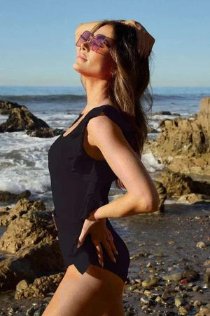 Ruffle One-Shoulder Beach Swimsuit in Classic Black women outfit ideas