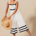 Scallop Trim Wide Leg Beach Jumpsuit in Ivory/Black women outfit ideas