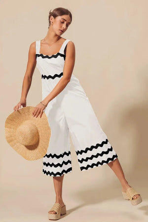 Scallop Trim Wide Leg Beach Jumpsuit in Ivory/Black women outfit ideas