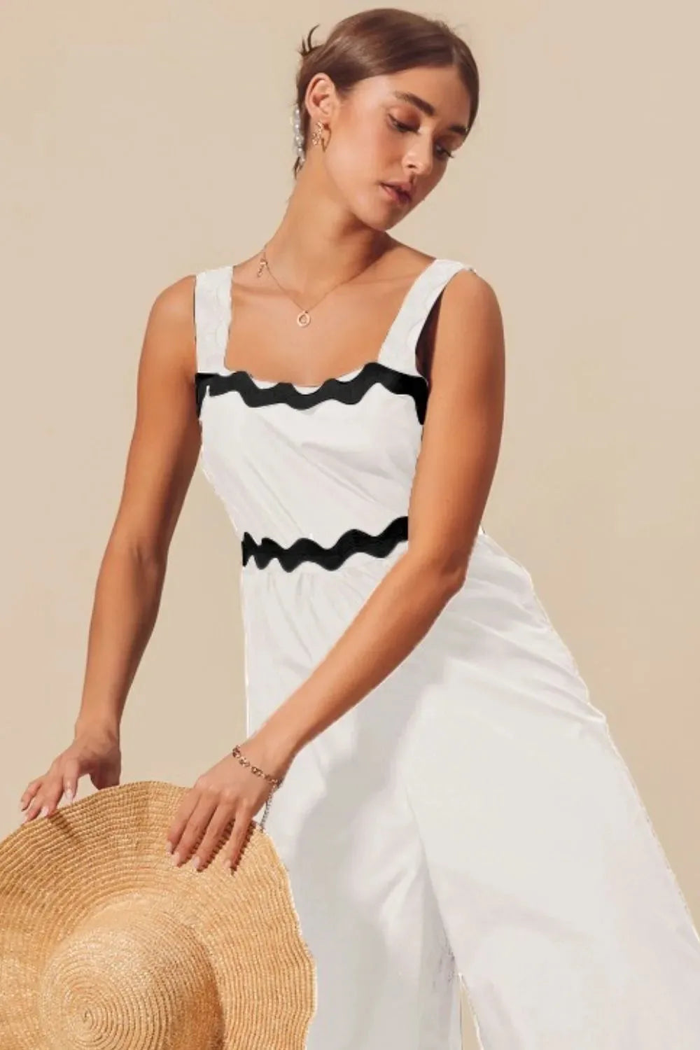 Scallop Trim Wide Leg Beach Jumpsuit in Ivory/Black women outfit ideas