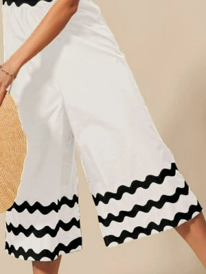 Scallop Trim Wide Leg Beach Jumpsuit in Ivory/Black women outfit ideas