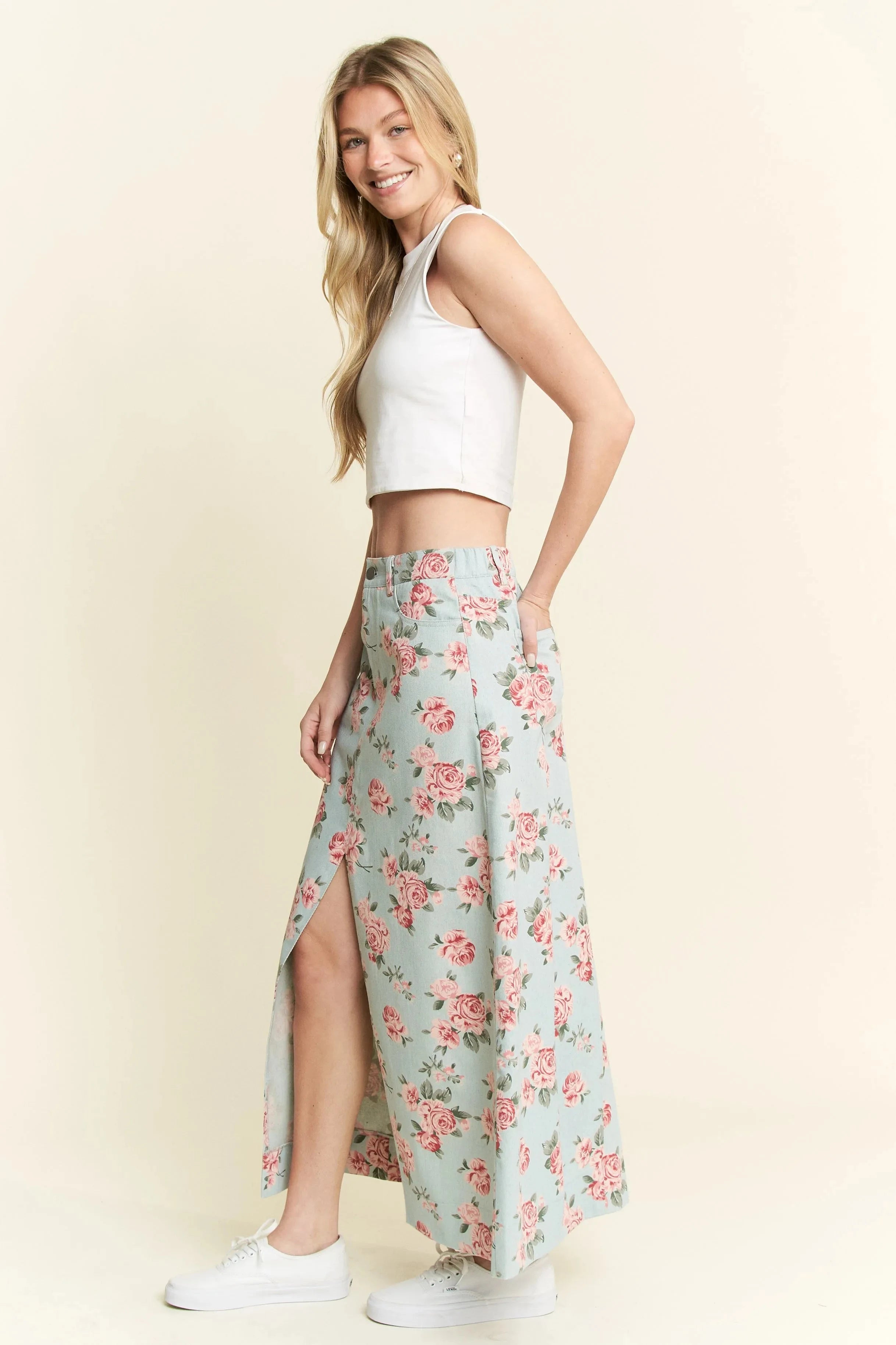 Seaside Bloom Floral Denim Maxi Beach Skirt women outfit ideas