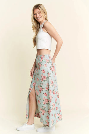 Seaside Bloom Floral Denim Maxi Beach Skirt women outfit ideas