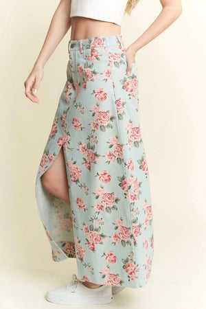 Seaside Bloom Floral Denim Maxi Beach Skirt women outfit ideas