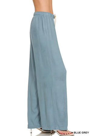 Seaside Linen Drawstring Beach Pants in Blue Grey