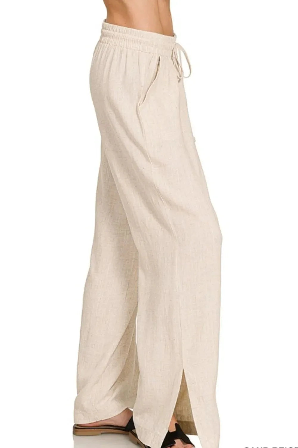 Seaside Linen Drawstring Beach Pants in Sand Beige women outfit ideas