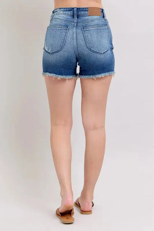 Seaside V-Front Denim Beach Shorts in Medium Wash women outfit ideas