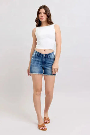 Seaside V-Front Denim Beach Shorts in Medium Wash women outfit ideas