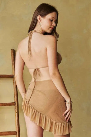 Shimmering Taupe Halter Beach Bikini & Skirt Set women outfit ideas