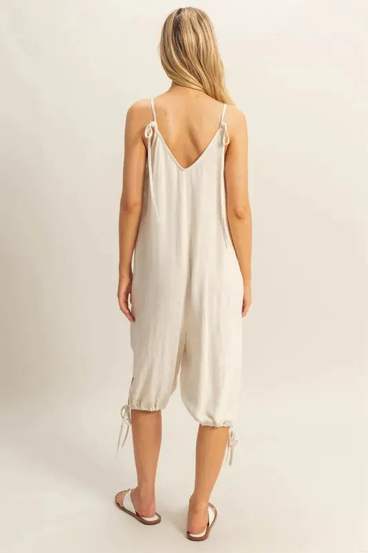 Side-Tie Linen Blend Beach Romper in Oatmeal women outfit ideas