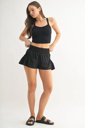 Smocked High-Waist Beach Shorts in Classic Black