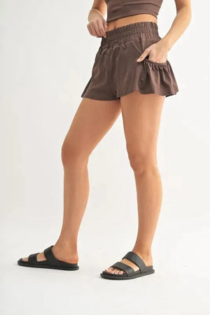 Smocked High Waist Beach Shorts in Rich Soil women outfit ideas