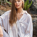 Sparkling White Gold Button-Up Beach Shirt women outfit ideas