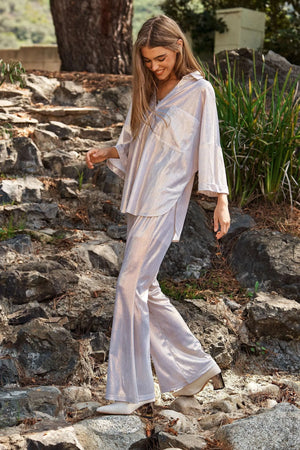 Sparkling White Gold Button-Up Beach Shirt women outfit ideas