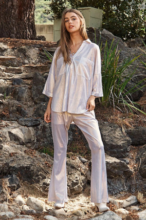 Sparkling White Gold Button-Up Beach Shirt women outfit ideas