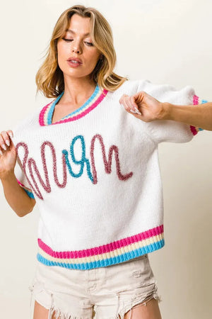 Starlight Metallic Letter Puff Sleeve Beach Sweater women outfit ideas