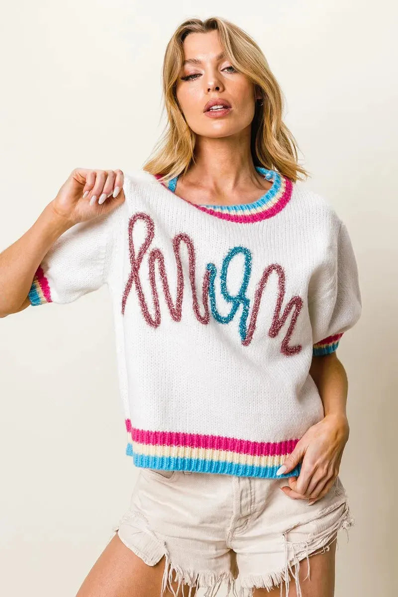 Starlight Metallic Letter Puff Sleeve Beach Sweater women outfit ideas