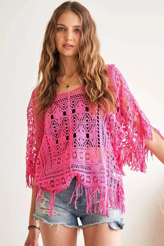 Sunset Crochet Fringe Beach Top in Hot Pink women outfit ideas