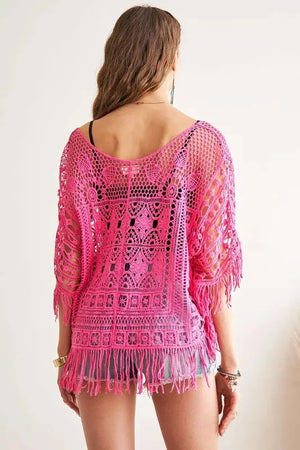 Sunset Crochet Fringe Beach Top in Hot Pink women outfit ideas