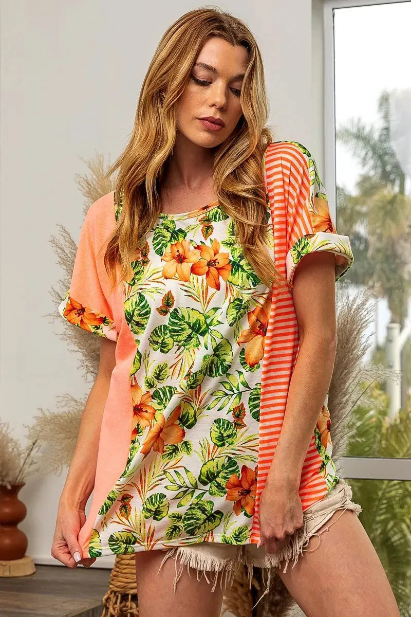 Sunset Floral & Stripe Beach Top with Dolman Sleeves women outfit ideas
