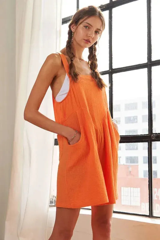 Sunset Orange Wide Leg Cotton Beach Romper women outfit ideas