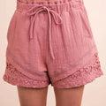 Sunset Stroll Lace-Trimmed Beach Shorts in Mauve women outfit ideas