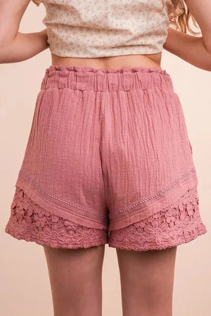 Sunset Stroll Lace-Trimmed Beach Shorts in Mauve women outfit ideas