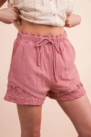 Sunset Stroll Lace-Trimmed Beach Shorts in Mauve women outfit ideas