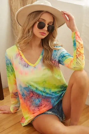 Sunset Tie-Dye Long Sleeve V-Neck Beach Top women outfit ideas