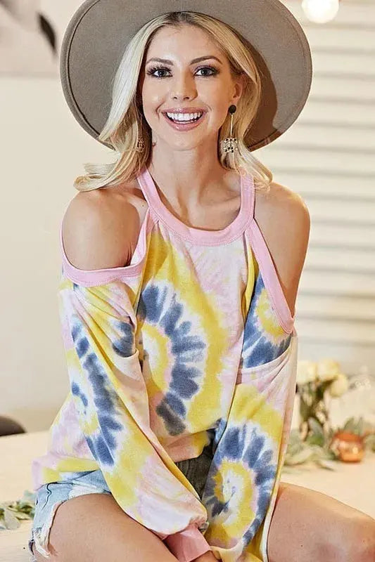 Sunset Tie-Dye Terry Beach Top with Cold Shoulders women outfit ideas